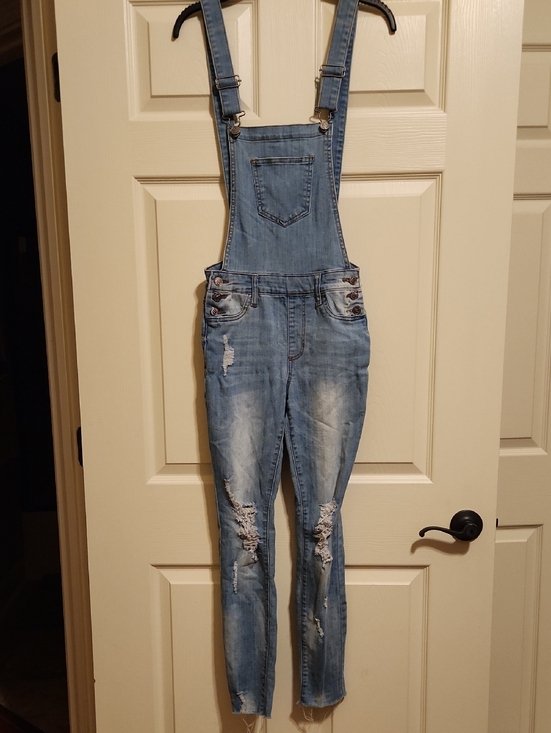 Cello Denim - Cello Light Blue Distressed Skinny Denim Overalls, Small